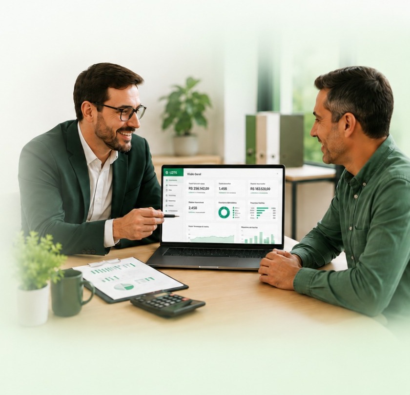 Duas pessoas em reunião analisando o painel do sistema UZTS