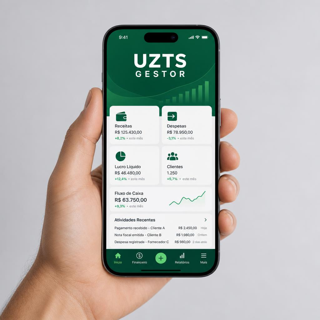 Mão segurando celular com o app UZTS Gestor